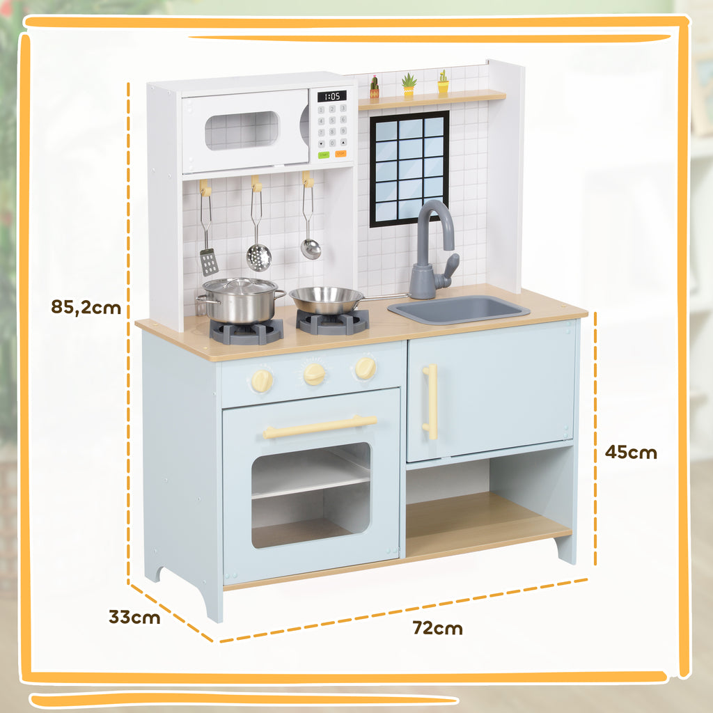 AIYAPLAY Spielküchen-Set, Kinderküche zum Spielen mit Mikrowelle, Herd und Backofen, Kochutensilien, MDF, Edelstahl, Blau
