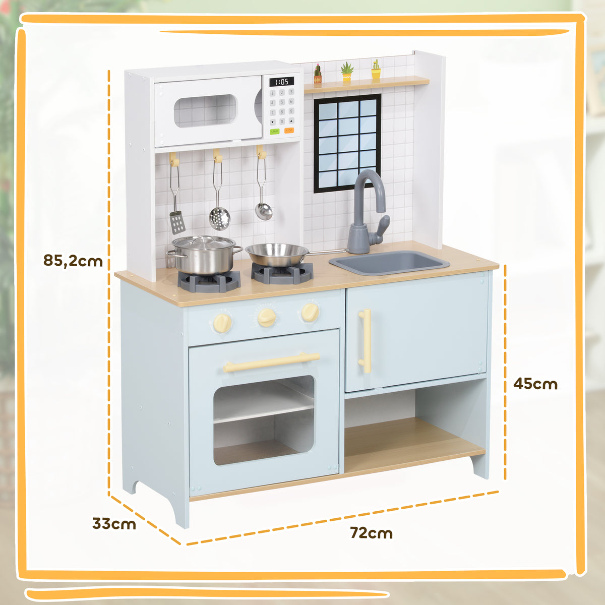AIYAPLAY Spielküchen-Set, Kinderküche zum Spielen mit Mikrowelle, Herd und Backofen, Kochutensilien, MDF, Edelstahl, Blau