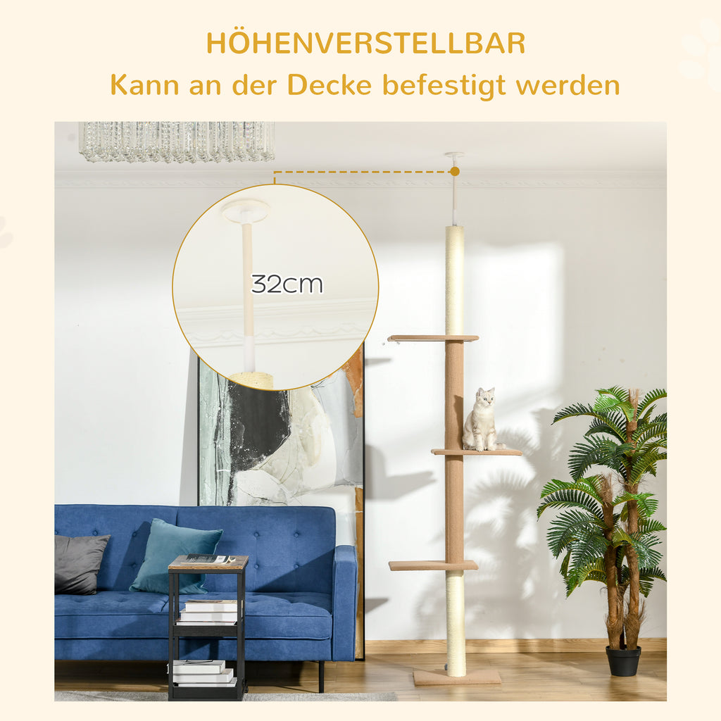 PawHut Kratzbaum Deckenhoch, 228-260 cm Höhenverstellbarer Katzenbaum Kletterbaum für Katzen mit 3 Ebenen, Katzenkratzbaum, Spielbaum vom Boden bis zur Decke Khaki