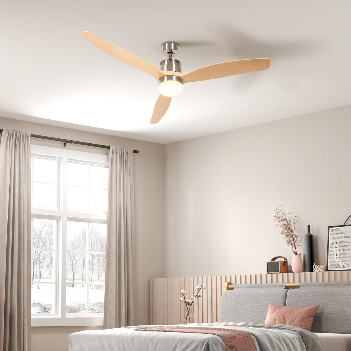 HOMCOM Deckenventilator, umkehrbar, mit LED-Licht, 6 Geschwindigkeiten, leise - Fernbedienung - Durchmesser 132 cm, natur