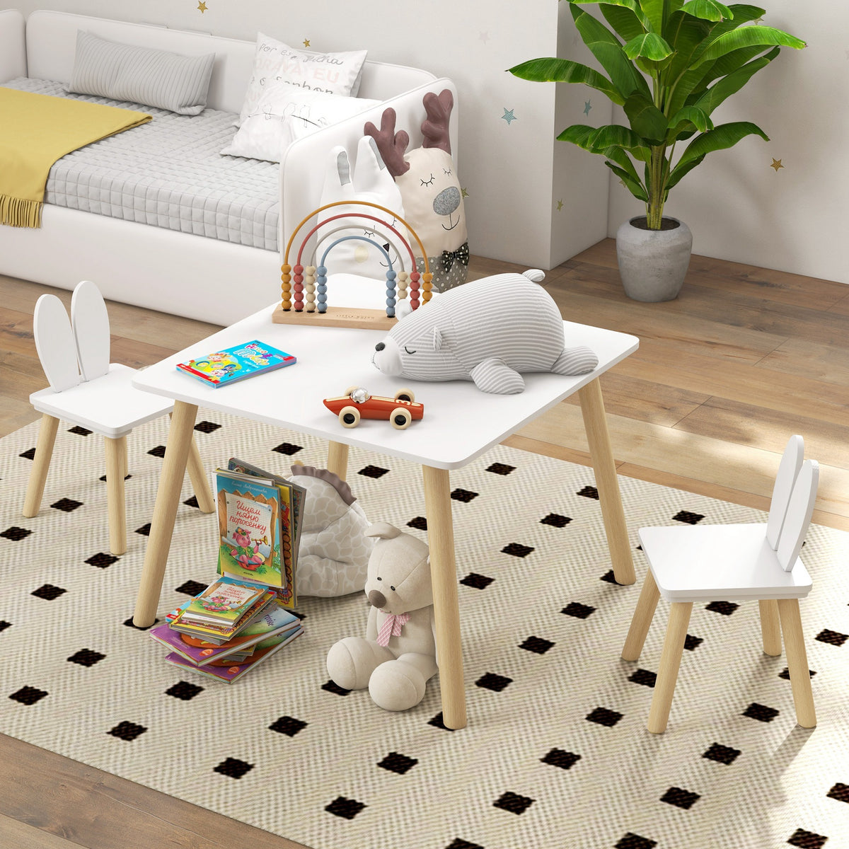 AIYAPLAY Kinder-Tisch- und 2-Stühle-Set skandinavisches Design mit Hasenohrenmuster Kieferholz Weiß