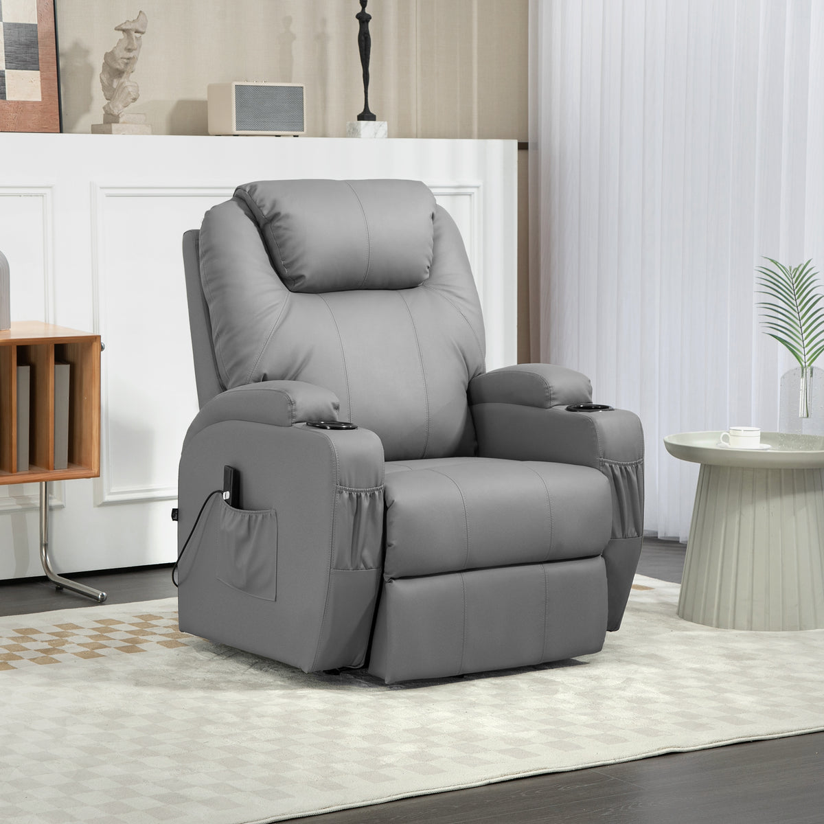 HOMCOM Elektrischer Relaxsessel mit Aufstehhilfe, Getränkehalter, 4 Taschen, 84x92x109 cm, Hellgrau