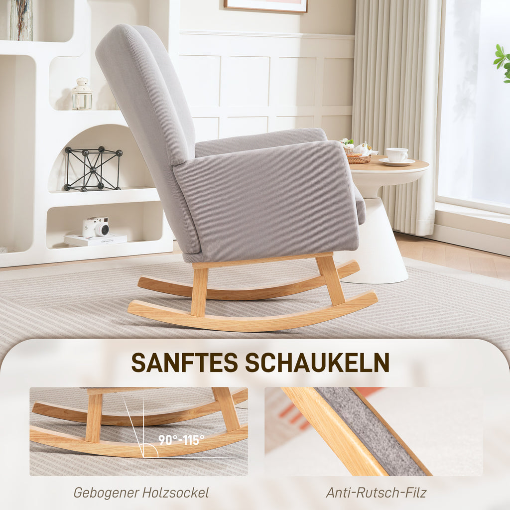 HOMCOM Schaukelstuhl im Retro-Design, Cordbezug, Kautschukholz, Schaumstoff-Füllung, hohe Rückenlehne, Polstersessel, Hellgrau
