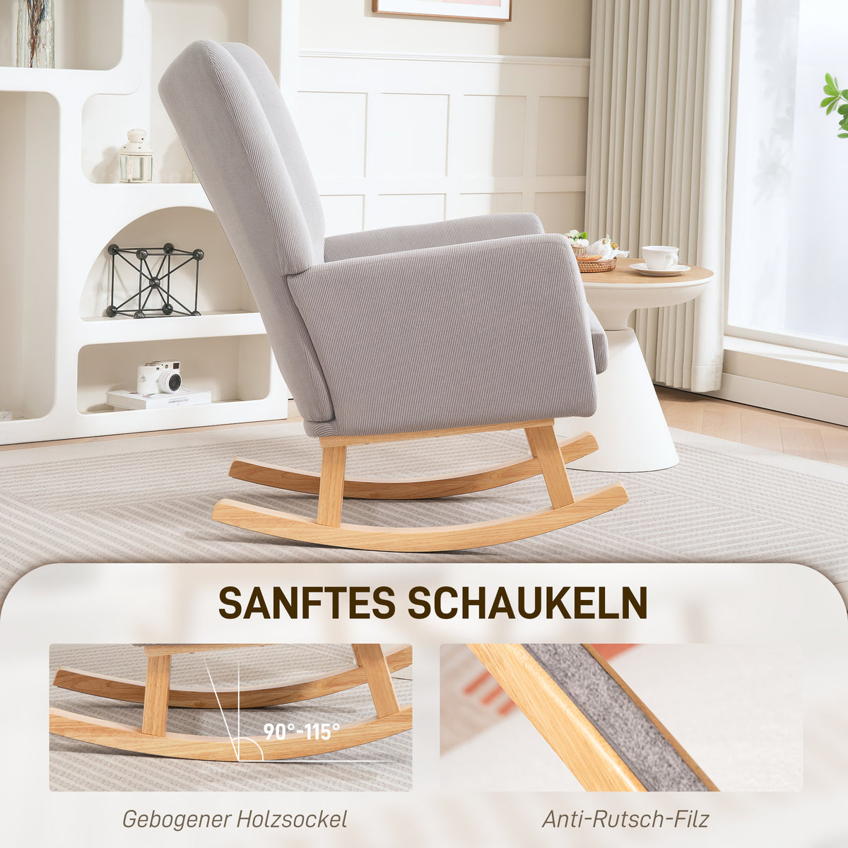 HOMCOM Schaukelstuhl im Retro-Design, Cordbezug, Kautschukholz, Schaumstoff-Füllung, hohe Rückenlehne, Polstersessel, Hellgrau