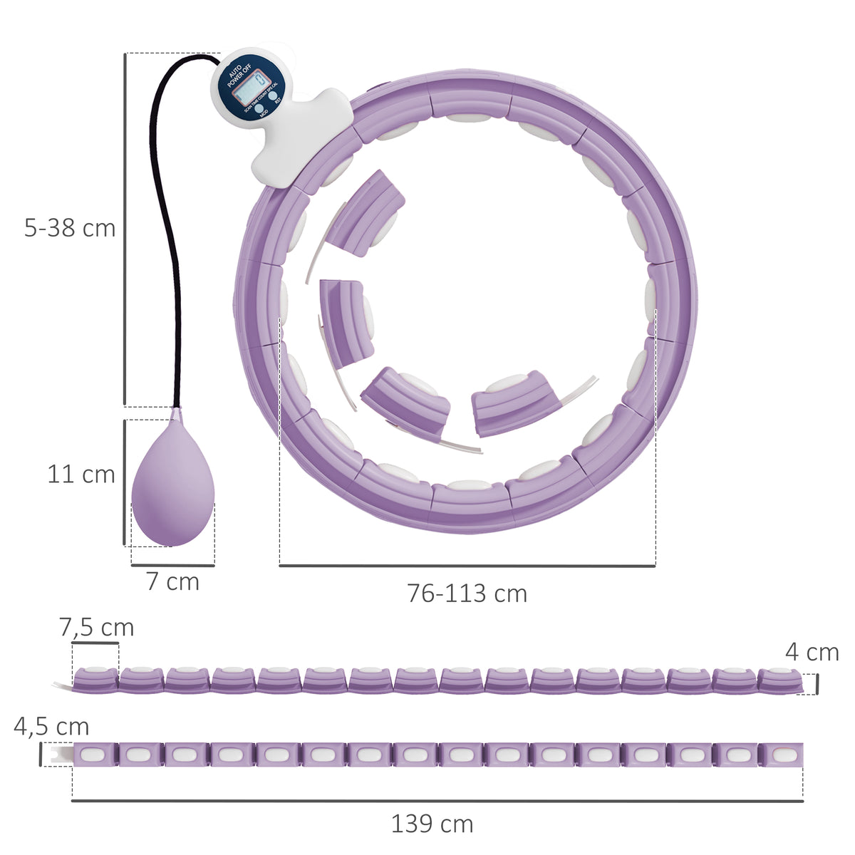 SPORTNOW Smart Hula Hoop Reifen Erwachsene mit Gewicht Kugel Zähler 16 Knoten (76-113cm) Violett