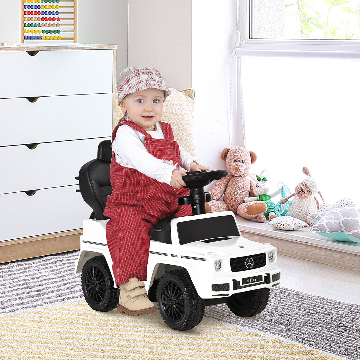 HOMCOM Kinderfahrzeug Kinder Multi-ausgestattet 12-36 Monate Hupe Trittbrett, Geländer und Sonnenschirm Weiß