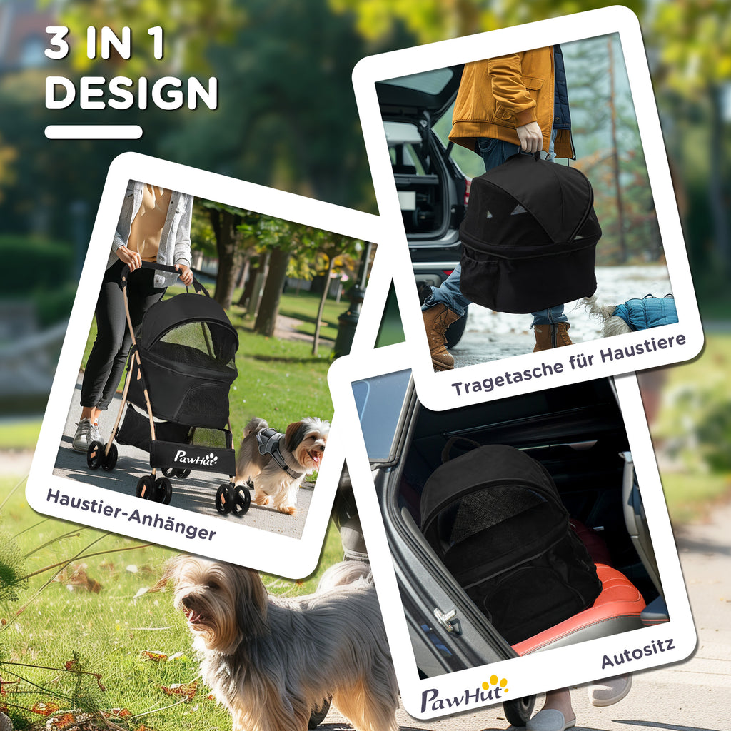 PawHut 2-in-1 Hundewagen und Transportkorb bis 10 kg Klappbar Netzfenster Bodenkorb 82 cm x 49,5 cm x 98 cm Schwarz