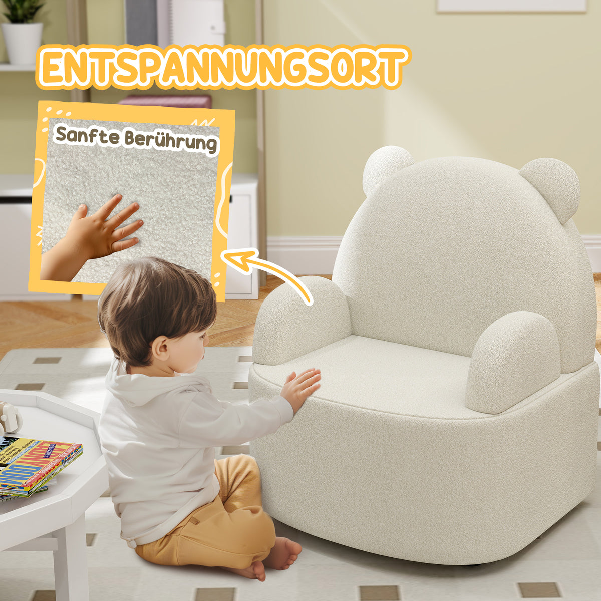 AIYAPLAY Kindersessel, Bärenform, weicher Teddyfleece, bis 3 Jahre, 52x48x59 cm, Beige