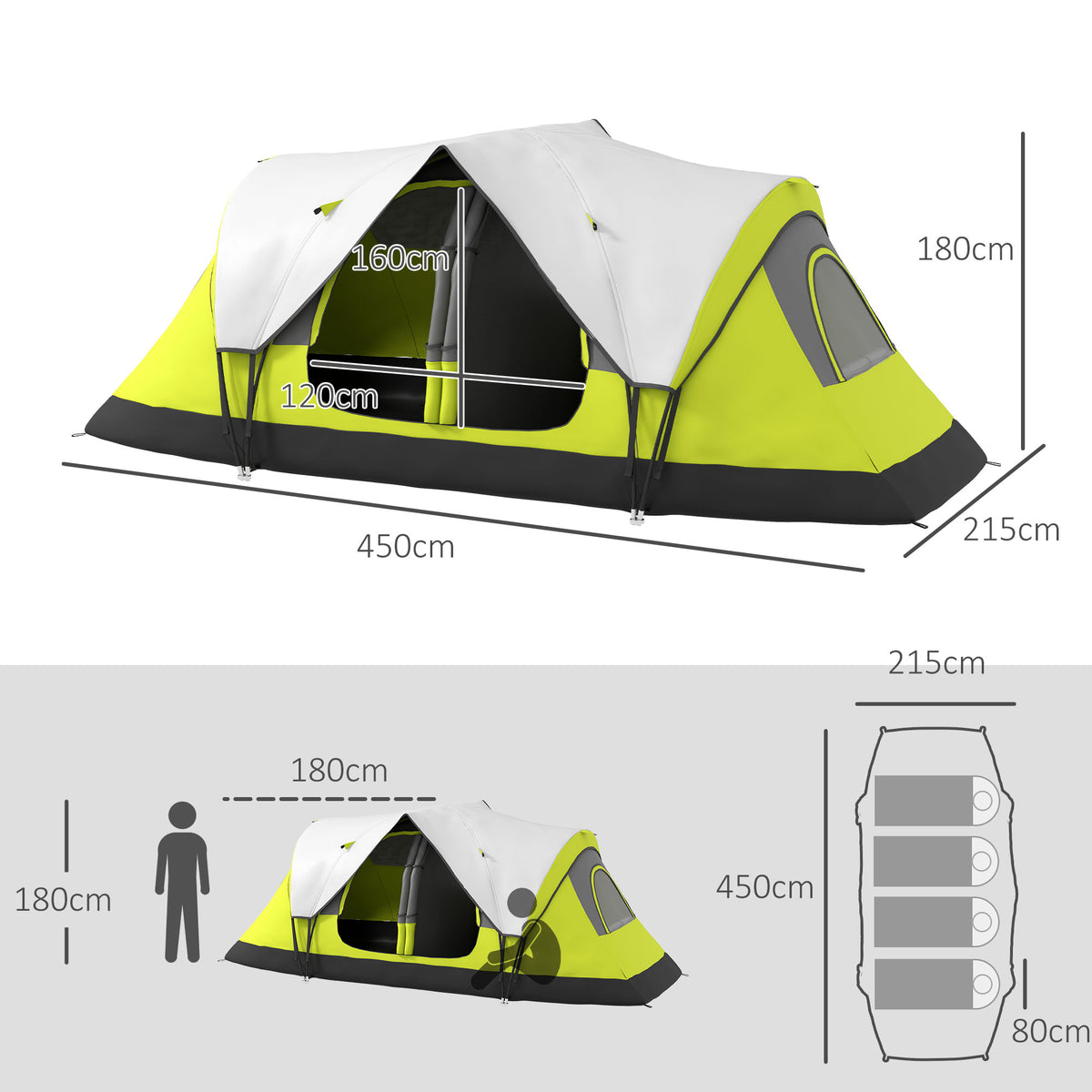 Outsunny Campingzelt, 2 Räume, Trennwand, für 6-8 Personen, Regenschutz, Dunkelgrün