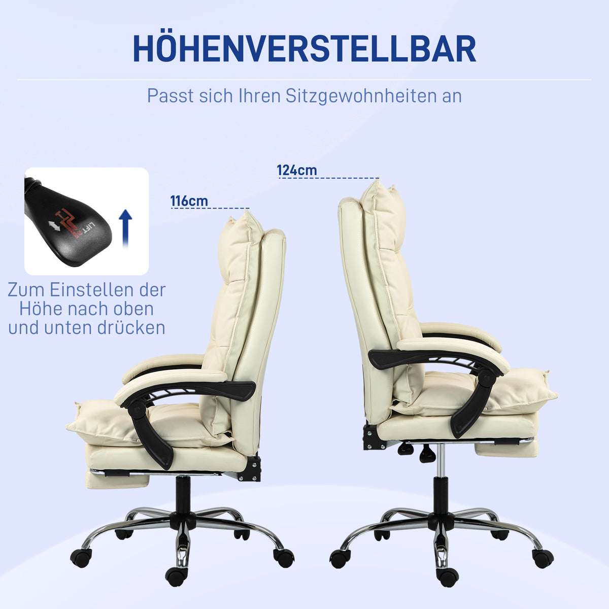 Vinsetto Bürostuhl, verstellbare Sitzhöhe, Fußstütze, Kunstleder, bis 135 kg, Metallbasis, 66x72x116-124cm, Beige