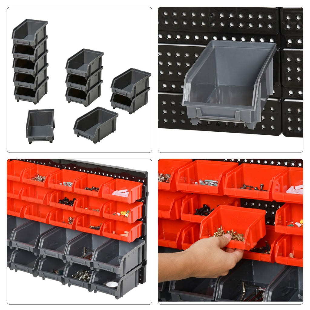 DURHAND Aufbewahrungs-System Wandregal mit Stapelboxen, 30 Boxen, 2 Lochplatten, 37,5 cm x 18 cm x 63 cm, Rot + Grau+ Schwarz
