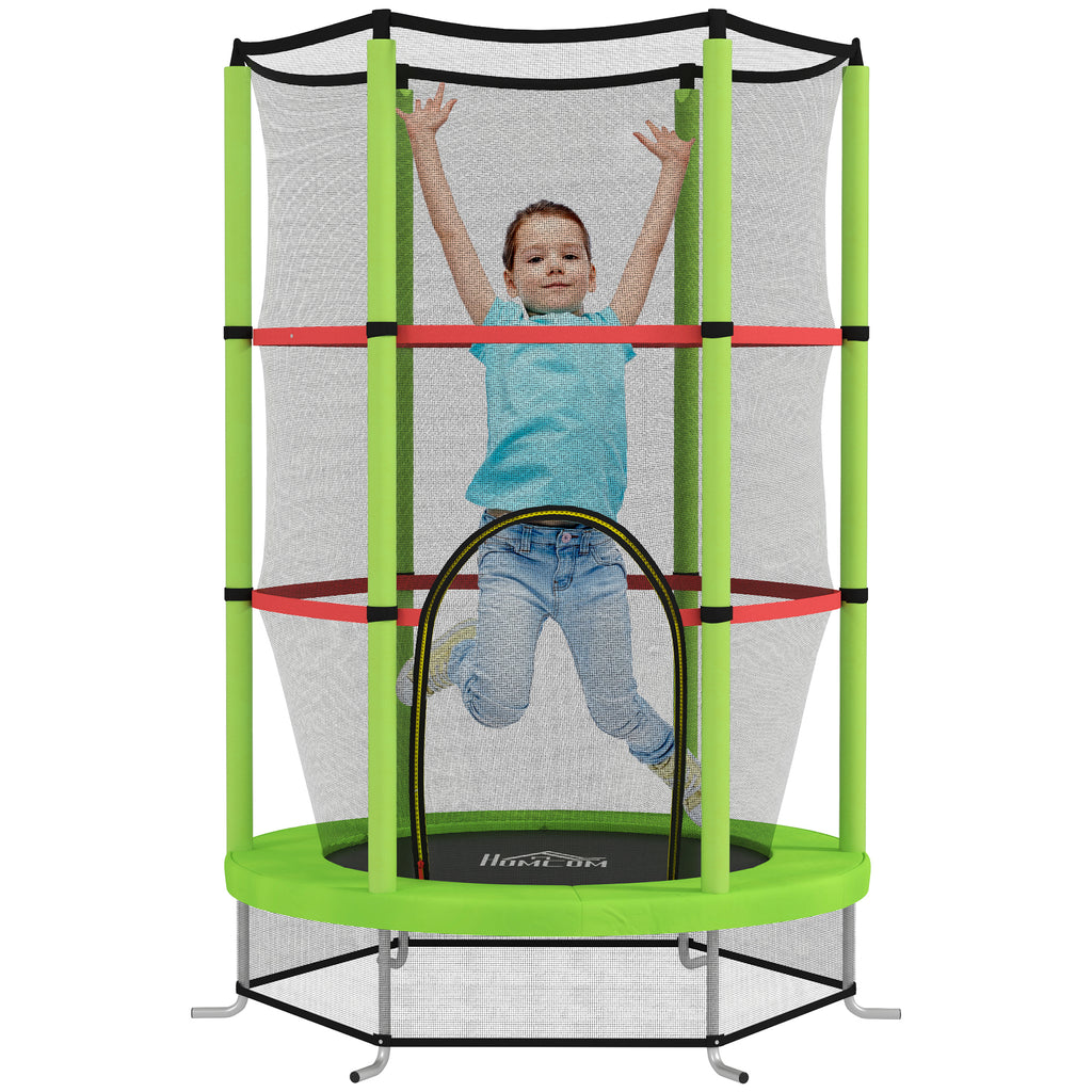 HOMCOM Kindertrampolin Sicherheitsnetz Reißverschlusstür 6 gepolsterte Stangen maximale Belastung 45 kg Ø 1,40 x 1,90H m Grün