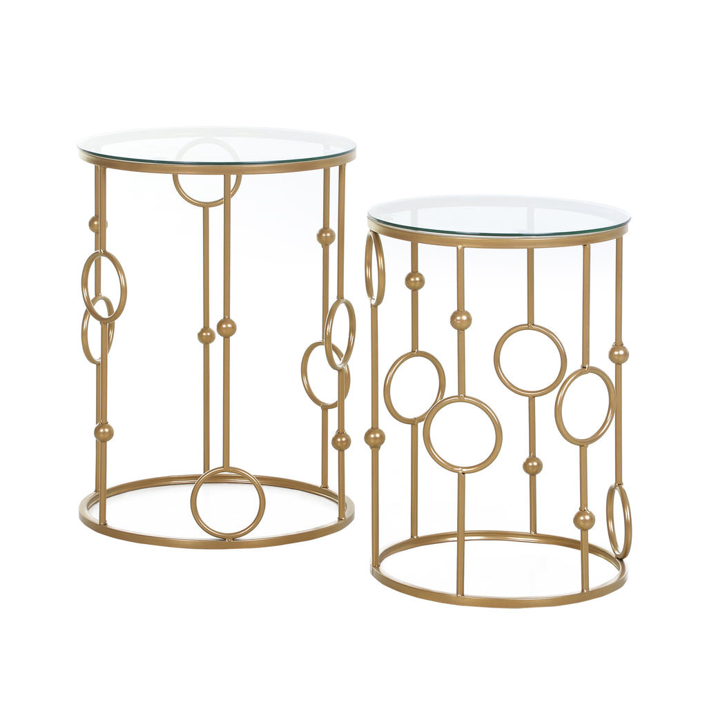 HOMCOM 2er-Set Couchtisch, Beistelltisch mit Glasplatte, Wohnzimmertisch mit Reifen- und Kugeldesign Ø41 x 57 cm, Gold