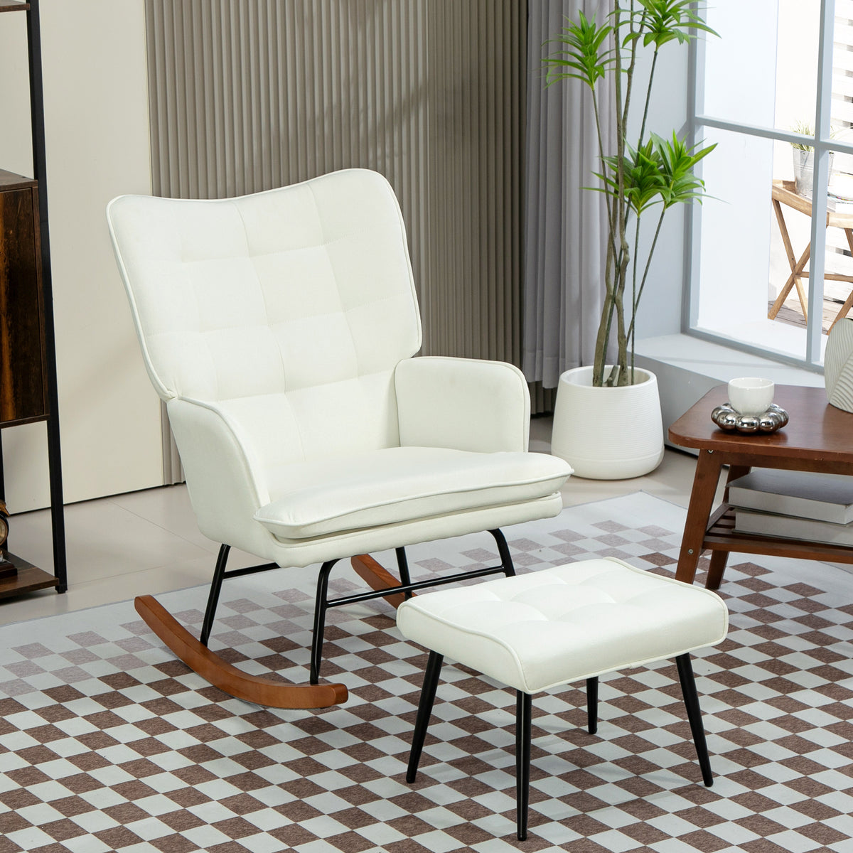 HOMCOM Schaukelstuhl mit Hocker, sanftes Schaukelsystem, Leinenimitat, 64 x 89 x 90 cm, Cremeweiß