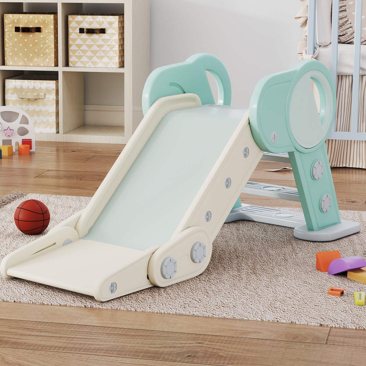 AIYAPLAY Rutsche für Kleinkinder, klappbar, Indoor, rutschfeste Stufen, erhöhter Sicherheitsrand, grün