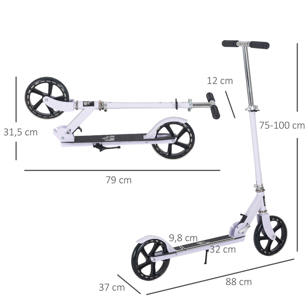 HOMCOM Kinderroller Klappbar Höhenverstellbarer Lenker in 4 Stufen hintere Reibungsbremse für Kinder Jugendliche max. 100KG Abmessungen 88L x 37B x 75-100H cm Weiß