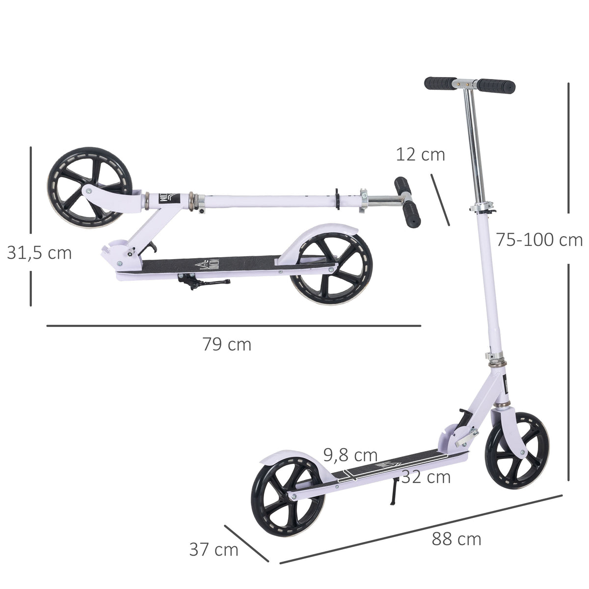 HOMCOM Kinderroller Klappbar Höhenverstellbarer Lenker in 4 Stufen hintere Reibungsbremse für Kinder Jugendliche max. 100KG Abmessungen 88L x 37B x 75-100H cm Weiß