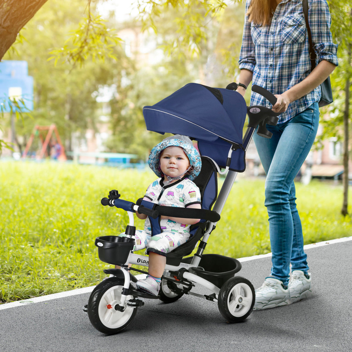 HOMCOM 6-in-1 Kinderdreirad mit Schiebestange, Dach, Gurt, Ablagekorb, 18+ Monate, Dunkelblau