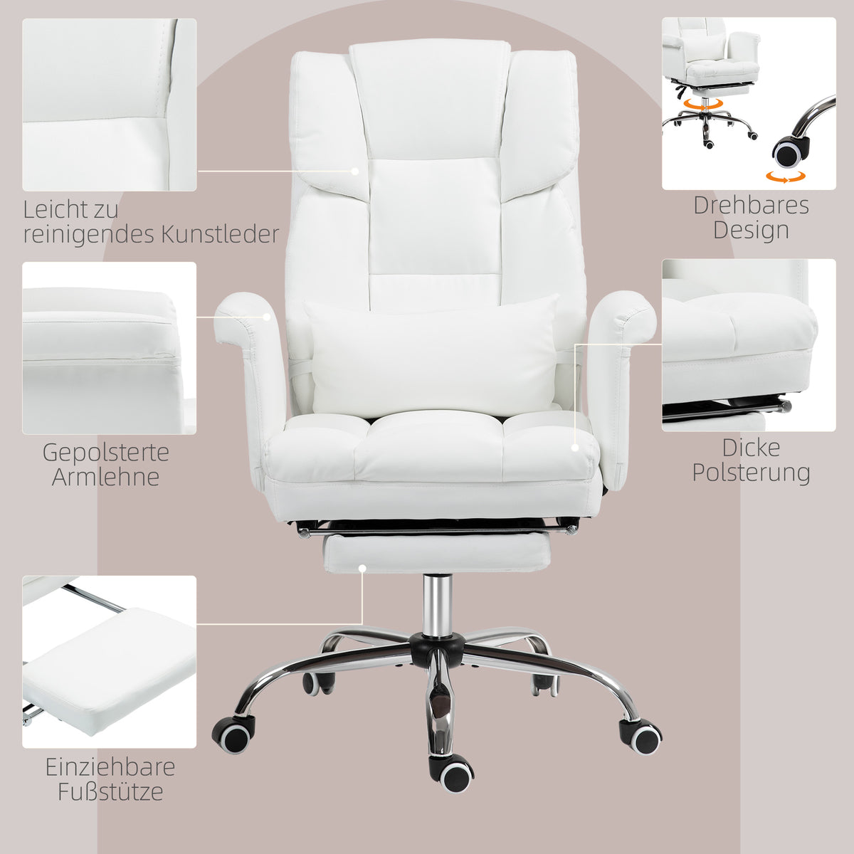 HOMCOM Ergonomischer Bürostuhl, höhenverstellbar 48-56 cm, neigbare Rückenlehne, Fußstütze, Weiß