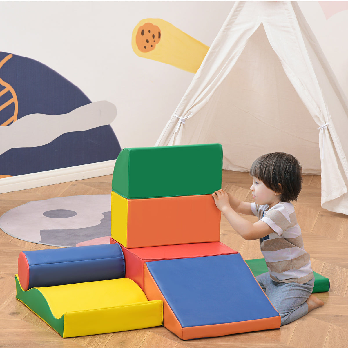 HOMCOM Soft-Bausteine, 7-tlg. Set, sicheres Material, weich und pflegeleicht, Schaumstoff, bunt