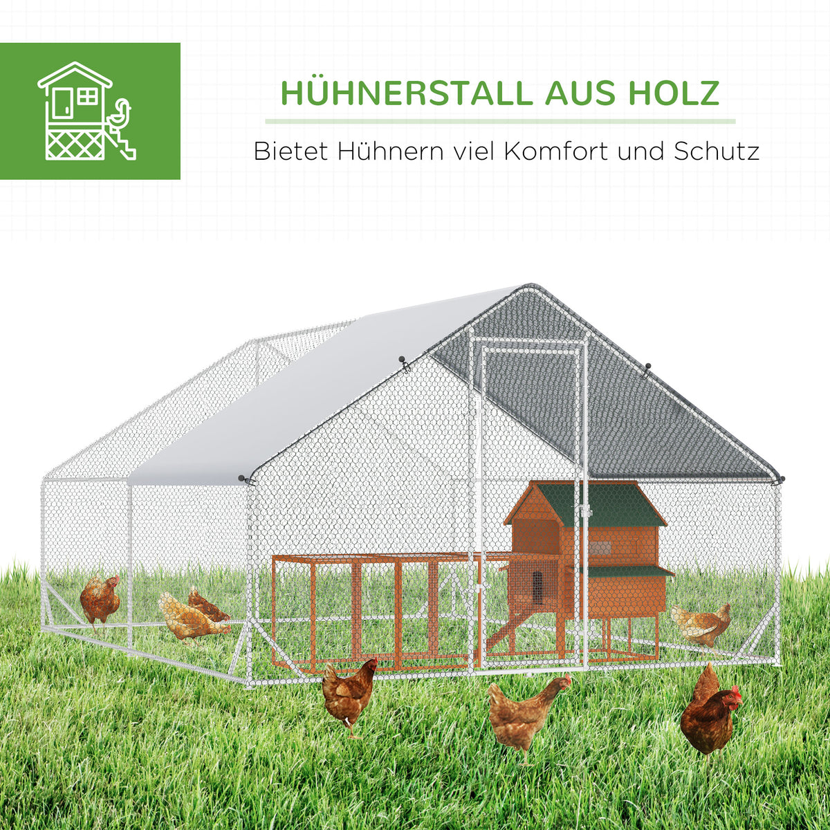PawHut Hühnerstall, Freilaufgehege, Geflügelstall mit Schattendach, Freigehege für 4-6 Hühner, Enten Kaninchen, 3 x 2 x 2 m