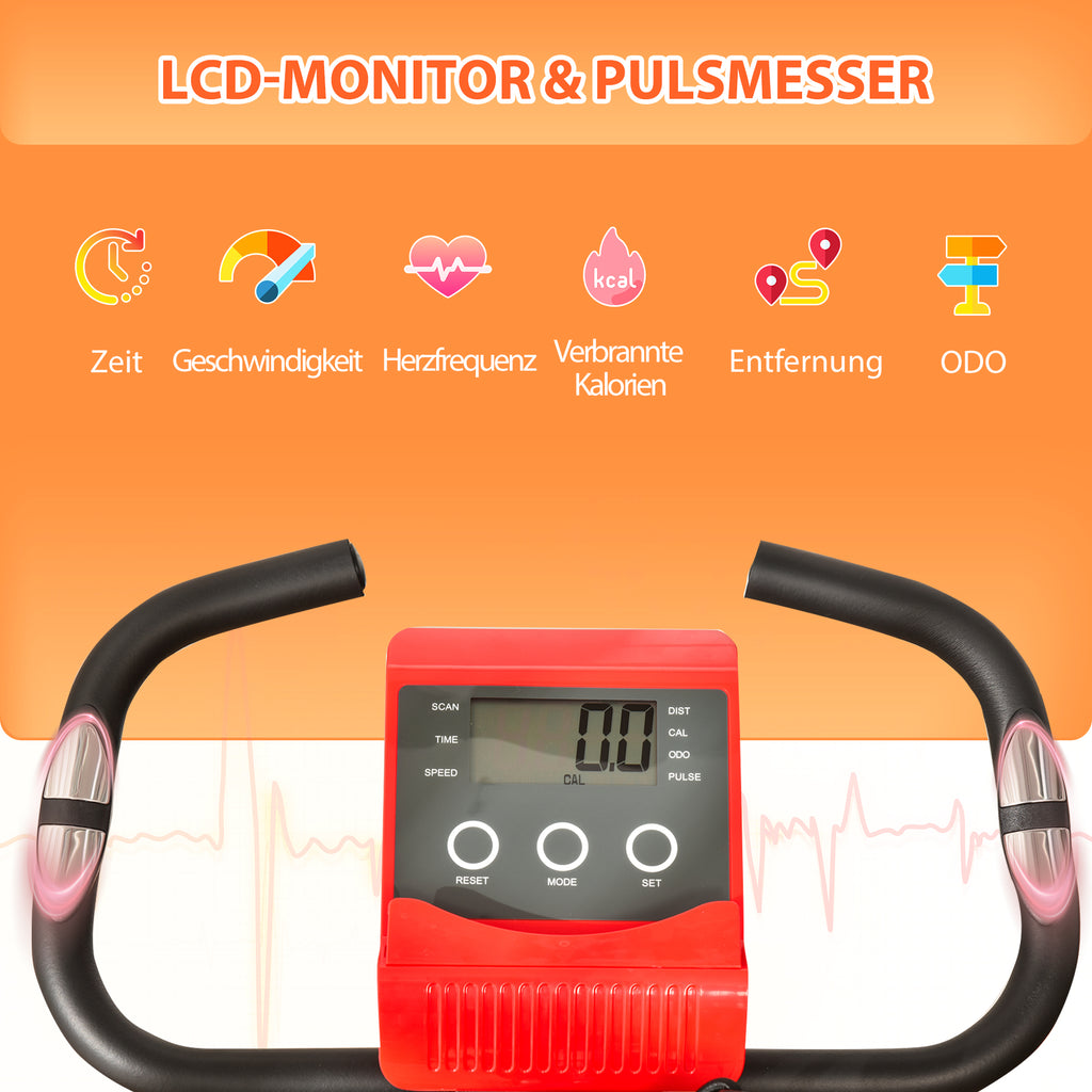 HOMCOM Heimtrainer X-Bike 2-in-1 Fahrradtrainer mit LCD-Display,Pulsmesser, klappbarer Hometrainer Trimmrad mit 8 stufig Magnetwiderstand, 1 Paar Spannseil, Stahl Rot 105x48x118 cm