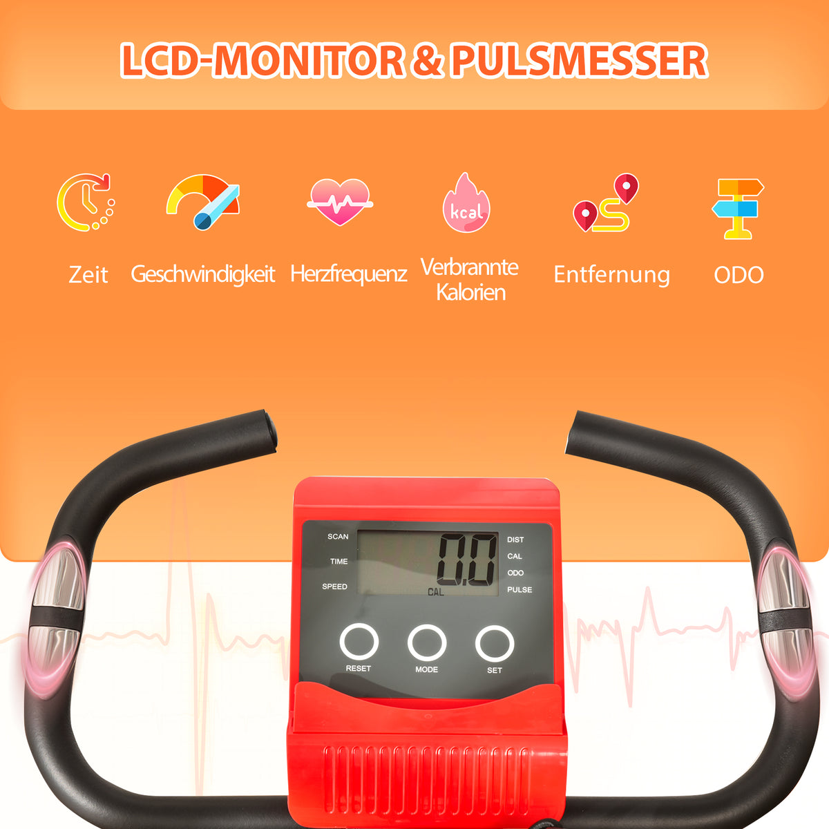HOMCOM Heimtrainer X-Bike 2-in-1 Fahrradtrainer mit LCD-Display,Pulsmesser, klappbarer Hometrainer Trimmrad mit 8 stufig Magnetwiderstand, 1 Paar Spannseil, Stahl Rot 105x48x118 cm