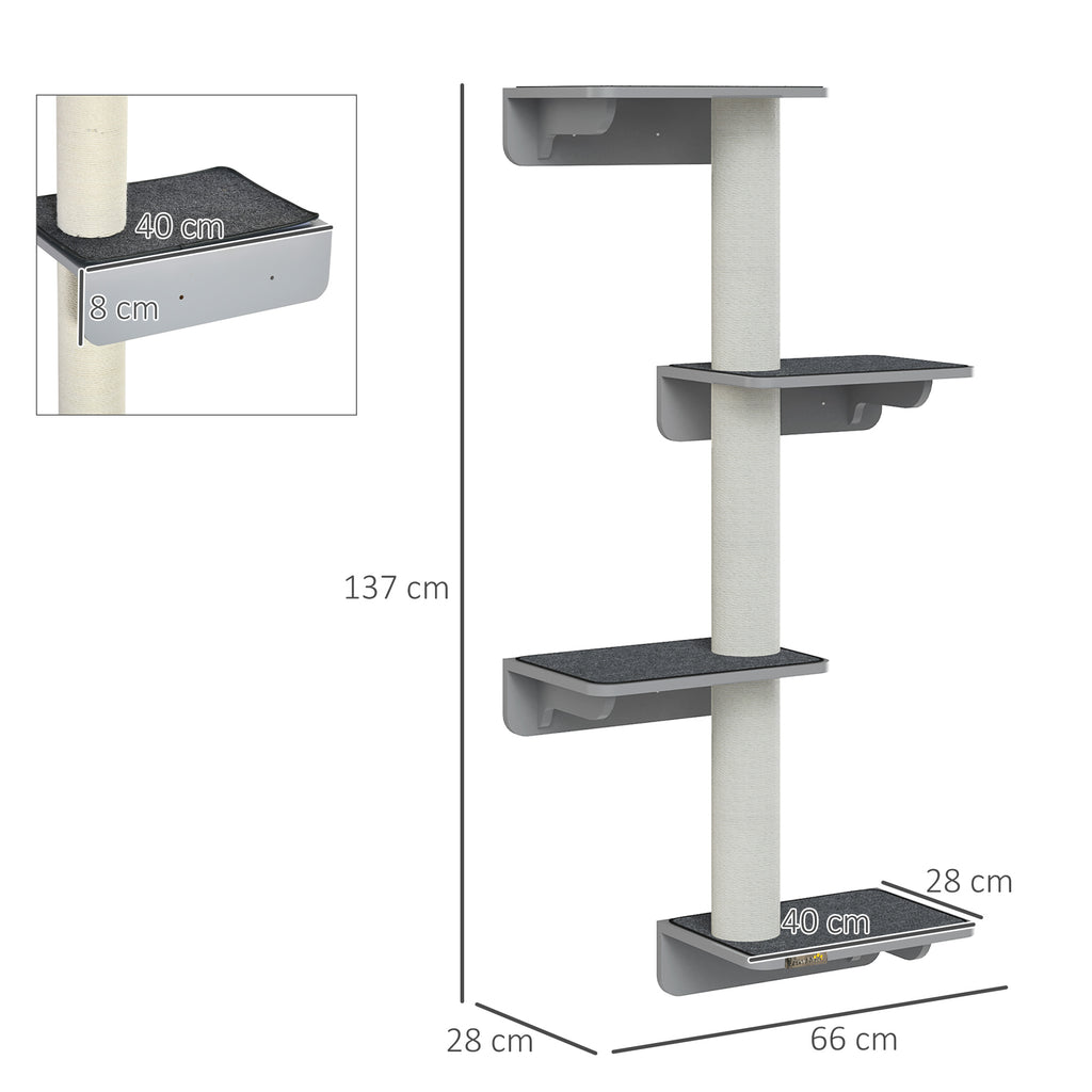 PawHut Wandkratzbaum Katzen-Kletterwand Kratzbaum Katzenmöbel für die Wand Kletterspaß für Katzen Wandmontage Holz Hellgrau+Beige 66 x 28 x 137 cm