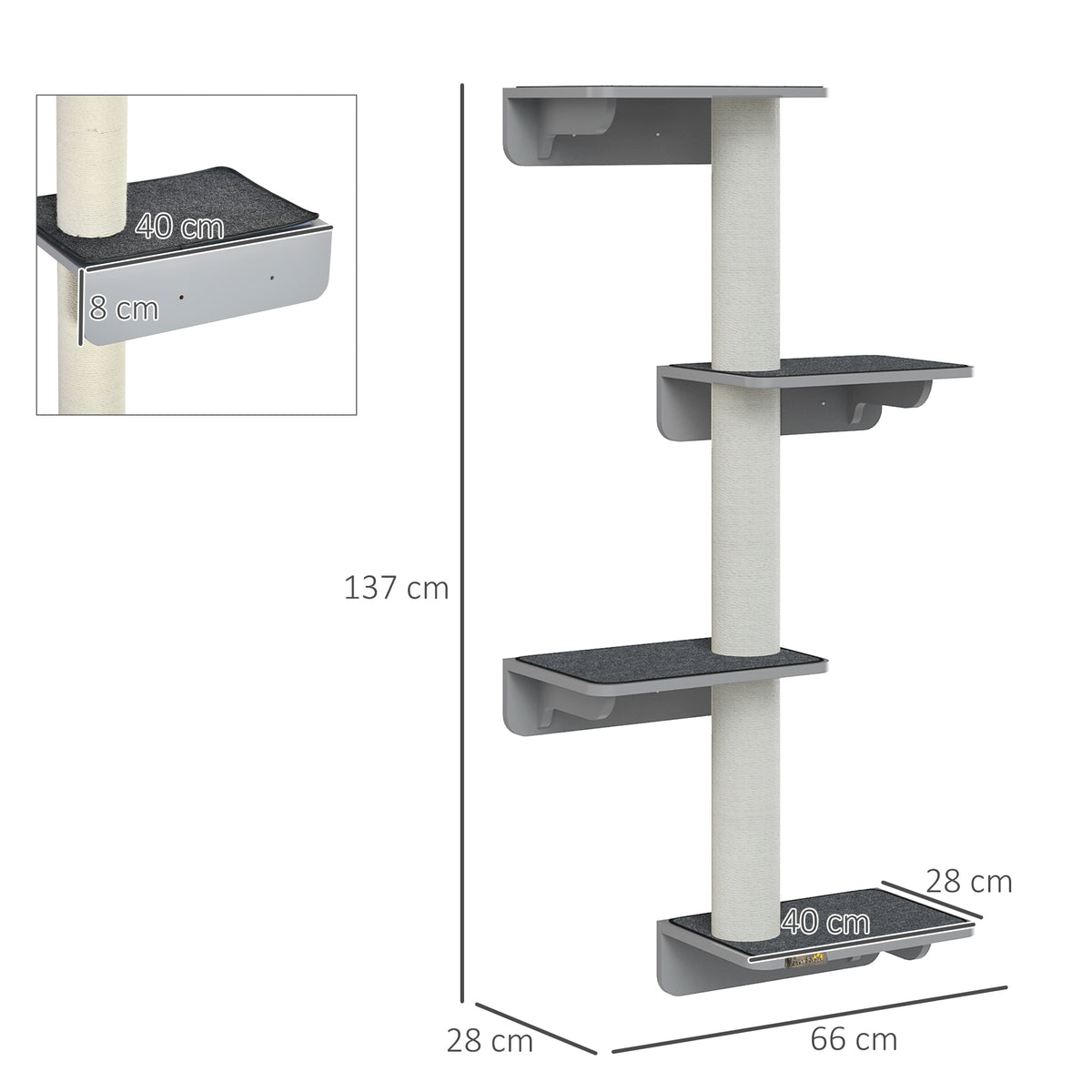 PawHut Wandkratzbaum Katzen-Kletterwand Kratzbaum Katzenmöbel für die Wand Kletterspaß für Katzen Wandmontage Holz Hellgrau+Beige 66 x 28 x 137 cm