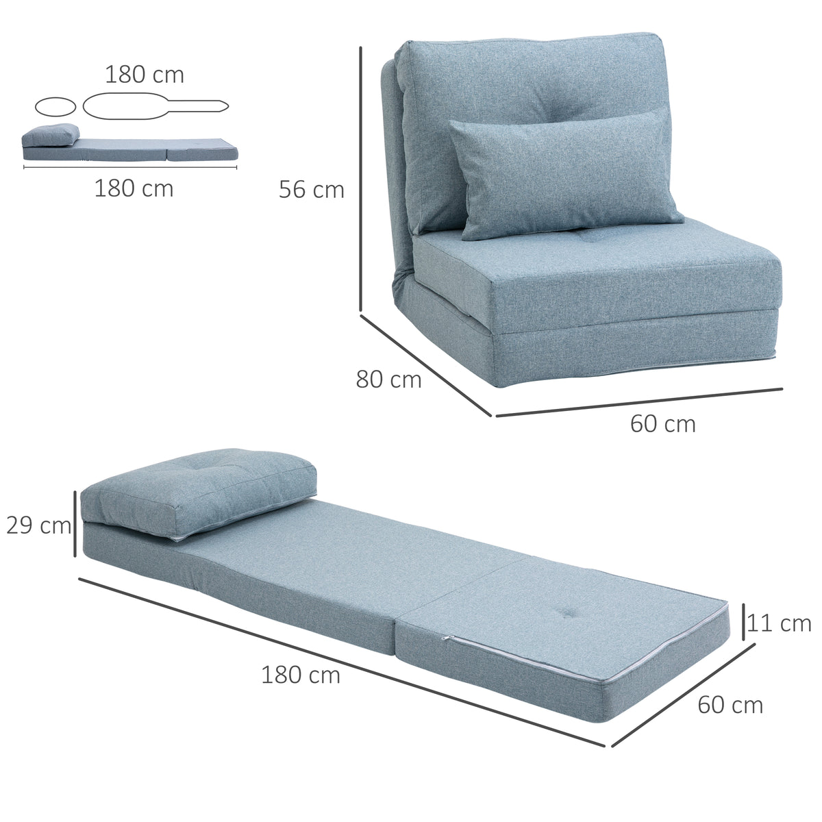 HOMCOM Bodensessel Klappmatratze Schlafmatte, 2-in-1-Design, abnehmbares Kissen, 60 x 80 x 56 cm, Himmelblau