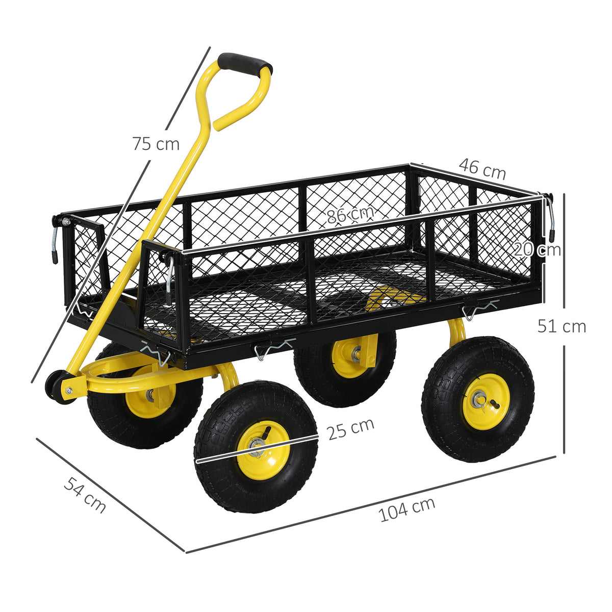 Outsunny Gartenwagen Transportwagen 4 Räder abnehmbare Seiten verwandelbar in Liegefläche 104 x 54 x 51 cm Schwarz und Gelb