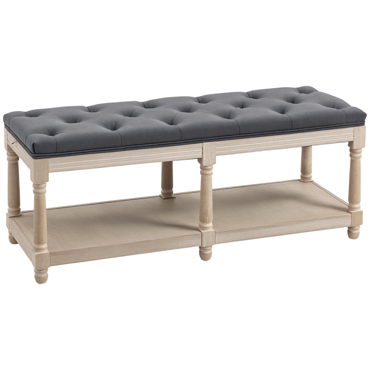 HOMCOM Sitzbank mit Stauraum, Vintage-Design, Knopfheftung, Kautschukbaumholz, 115x40x48cm, Grau