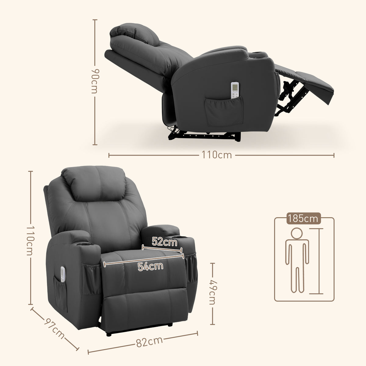 HOMCOM Massagesessel, elektrisch verstellbar, 8 Vibrationspunkte, Becherhalter, Kunstleder, Dunkelgrau