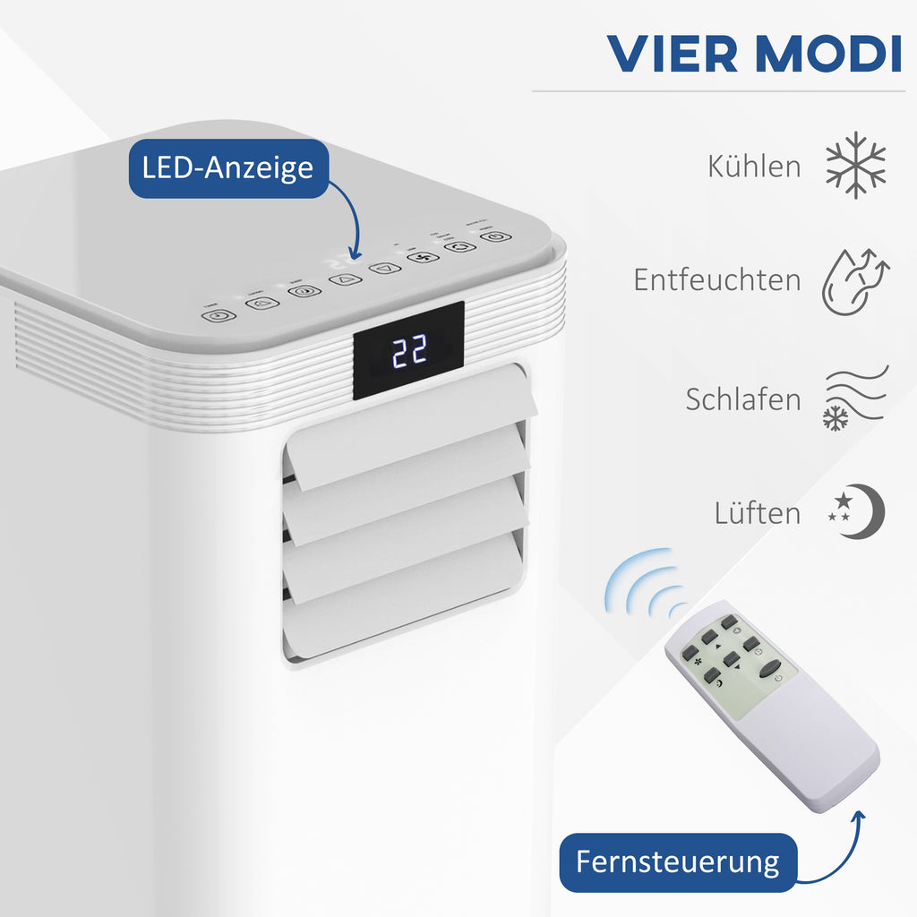 HOMCOM Mobile Klimaanlage 8000BTU 2,3KW 4-in-1 Klimagerät mit Abluftschlauch, Kühlen, Lüften, Entfeuchten und Schlafen, 24h Timer mit Fernbedienung Nutzungsraum 13-18㎡ ABS Weiß+Grau