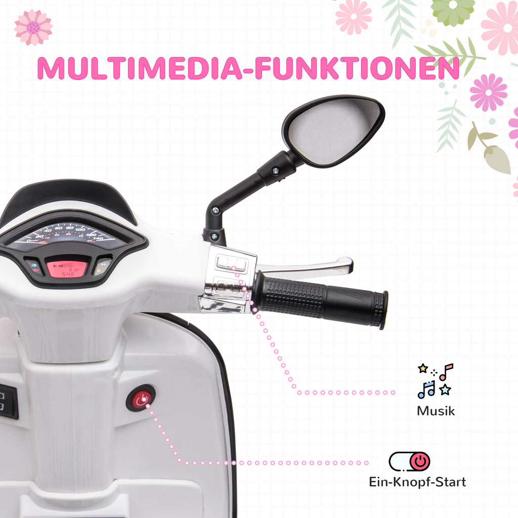 AIYAPLAY Elektro-Kindermotorrad, Vespa, 3 km/h, 3-6 Jahre, Musik, Licht & Radio, Weiß