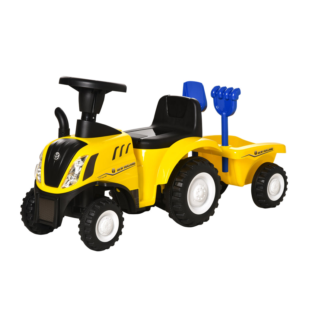 HOMCOM Rutsch-Traktor mit Anhänger, Hupe, Sandspielzeug, ab 1 Jahr, Kunststoff+Metall, gelb, 91 x 29 x 44cm