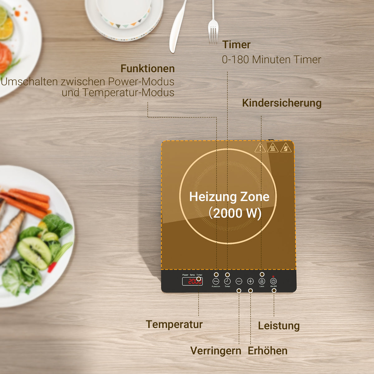 HOMCOM Kochplatte, Induktionskocher mit 10-Stufen-Temperatur, Touchpanel, Schwarz