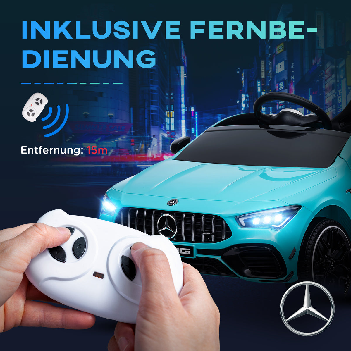 AIYAPLAY Kinder-Elektroauto, fernsteuerbar, mit Transportrollen, LED-Lichter, Hupe, für Kinder von 3-6 Jahren, Hellblau