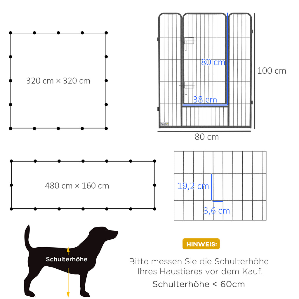 PawHut Welpenauslauf, modulares Design, 16 Elemente, 2 Türen, wetterfest, Stahl, 3,2 x 3,2 x 1 m, grau