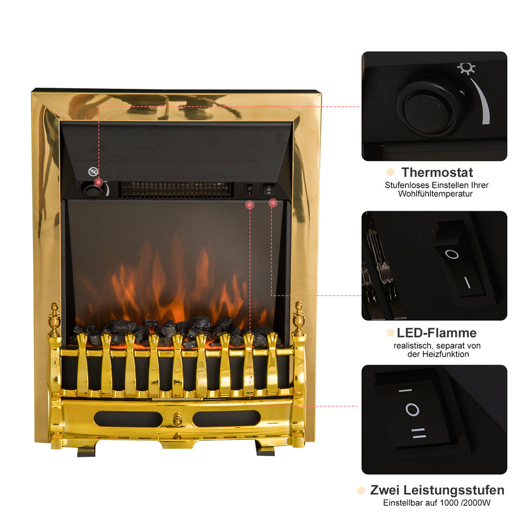 HOMCOM Elektrokamin Kamin Kaminofen Elektrischer Standkamin Flammeneffekt 1000/2000W 48,2 x 18,5 x 59,2 cm Gold