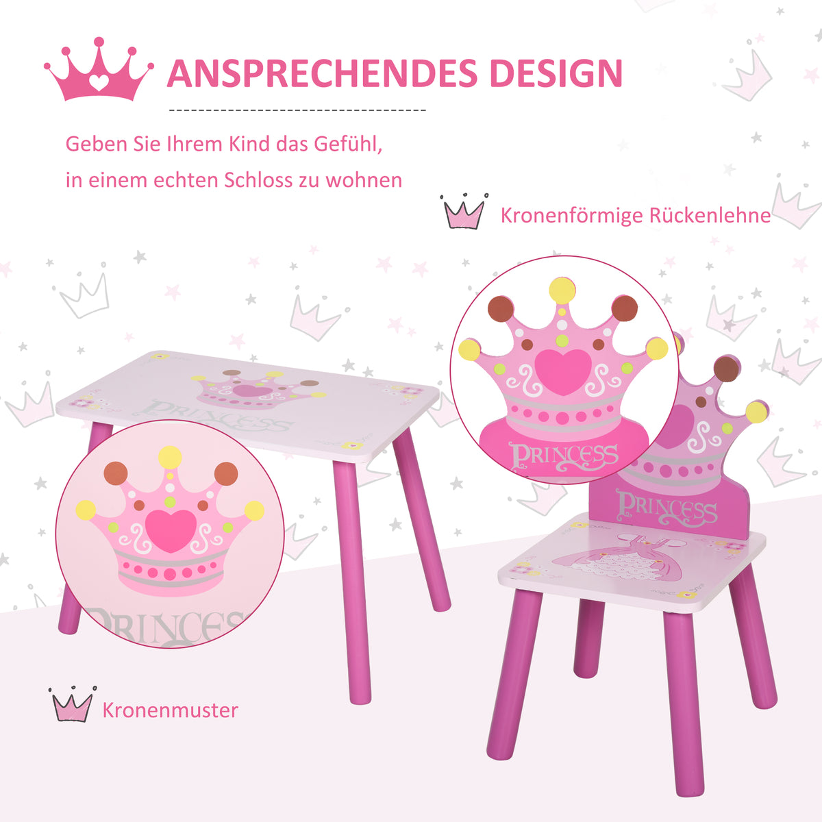 HOMCOM 3-tlg. Kindersitzgruppe mit 1 Kindertisch 2 Stühle Sitzgruppe Kinder Kindermöbel für Kleinkind Mädchen Junge Kiefer+MDF Rosa  55 x 34 x 42 cm