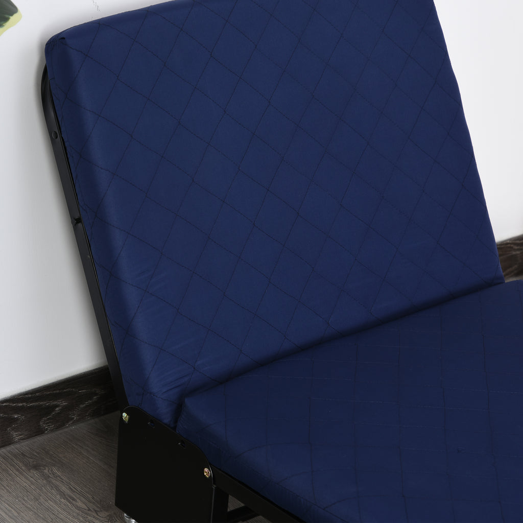 HOMCOM Klappbett 65x184 cm, Erwachsene Gästebett Klappbar mit 6 cm Dicker Schaumstoff, Reisebett mit Metallrahmen, Feldbett mit Rollen und höhenverstellbarem Kopfteil, bis 120 kg belastbar, Blau