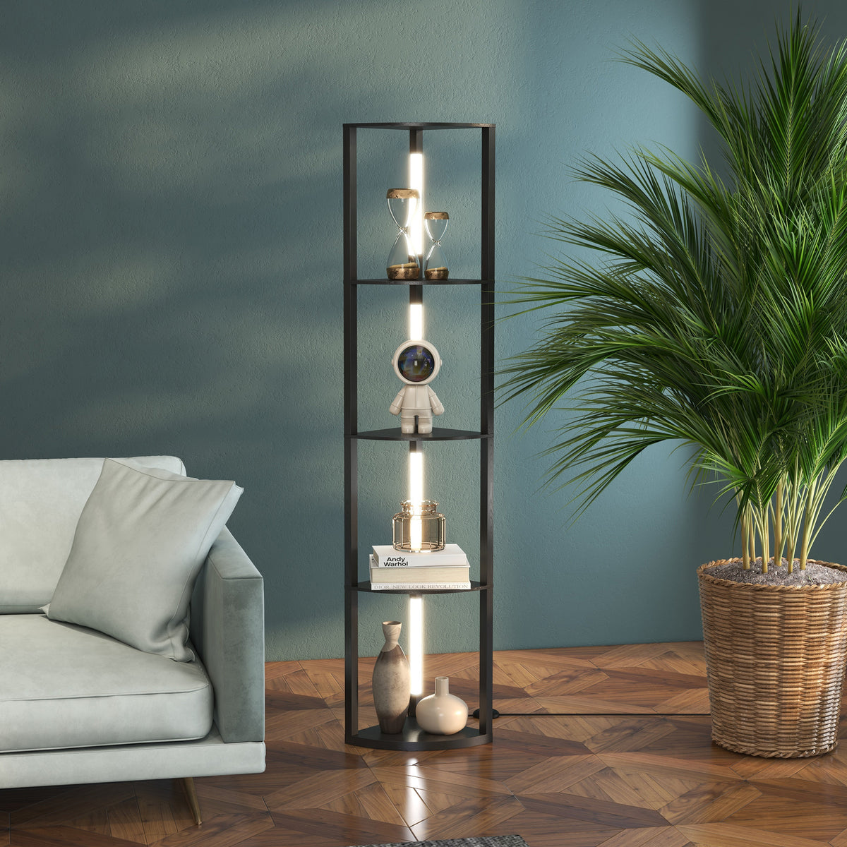 HOMCOM LED Standleuchte, Eckregal, dimmbar, 4 Ablagen, warmweißes Licht, 41x30x164cm, Schwarz