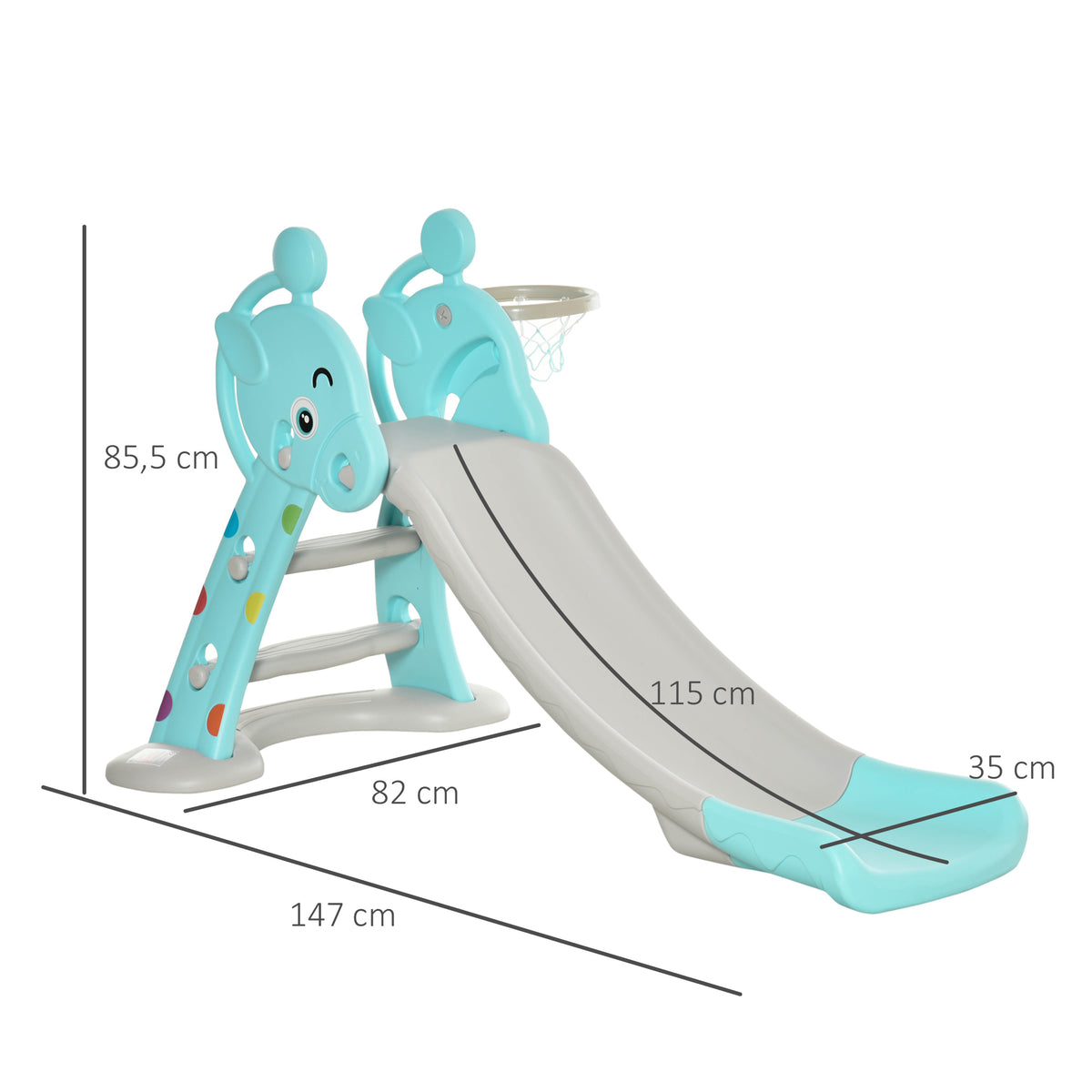 HOMCOM Kinderrutsche mit Basketballkorb faltbare Spielzeugrutsche mit verlängerter Heckkissen Dreiecksstruktur HDPE PP Hellblau+Grau 147 x 82 x 85,5 cm