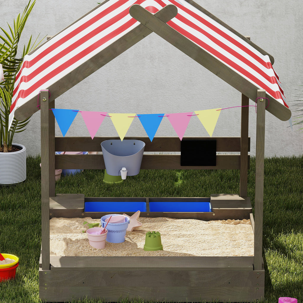 Outsunny Sandkasten mit Sonnenschutz, Spielhaus-Design, mit Spielzeug-Set, behandeltes Massivholz, 124 x 116 x 146 cm, Grau