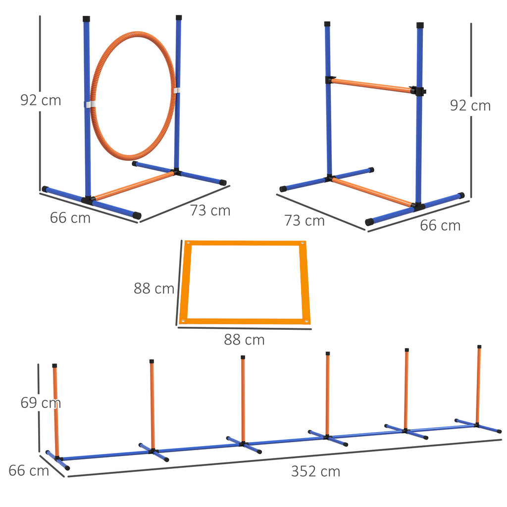 PawHut Hunde-Agiliy-Set Hundeparcours, 1 Reifen, 1 Hürde, 1 Slalom-Set, 352 cm x 66 cm x 69 cm, Blau + Rot
