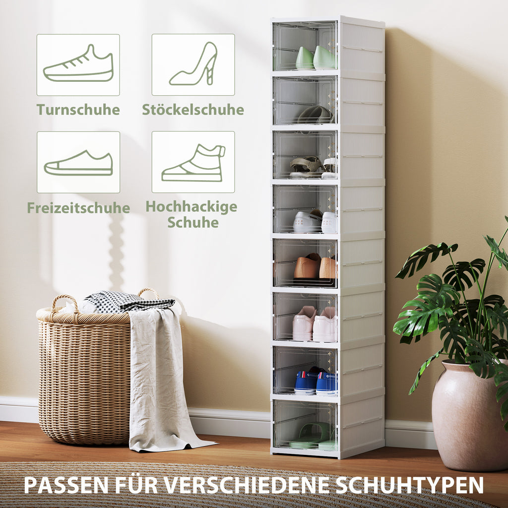 HOMCOM 8-stufiges Schuhregal, Schuhschrank, faltbar, belüftete Rückseite, Kunststoff, Weiß