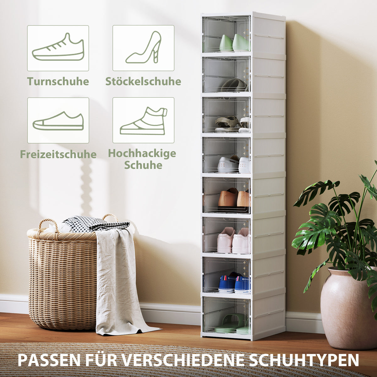HOMCOM 8-stufiges Schuhregal, Schuhschrank, faltbar, belüftete Rückseite, Kunststoff, Weiß