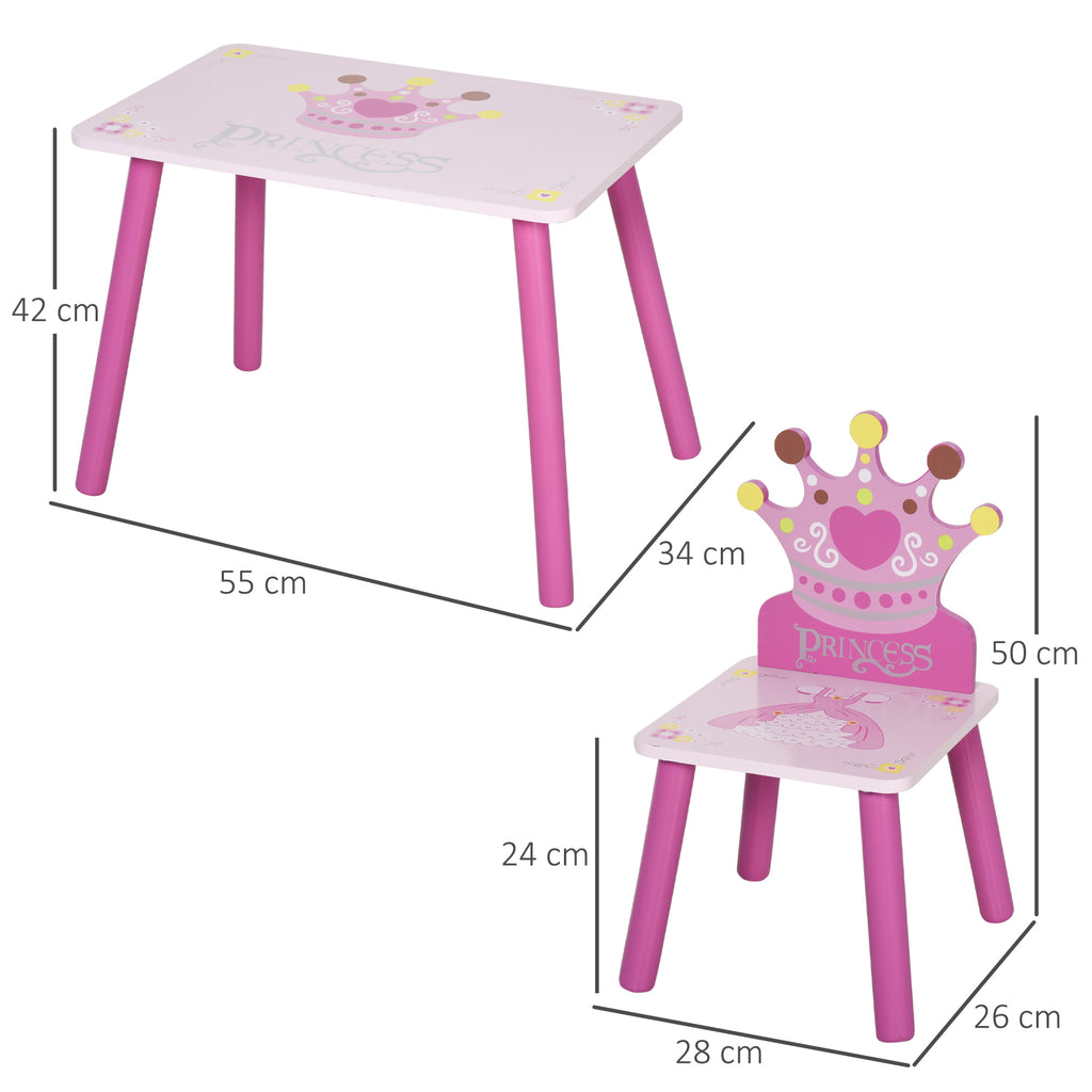HOMCOM 3-tlg. Kindersitzgruppe mit 1 Kindertisch 2 Stühle Sitzgruppe Kinder Kindermöbel für Kleinkind Mädchen Junge Kiefer+MDF Rosa  55 x 34 x 42 cm