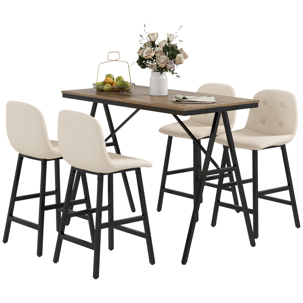 HOMCOM Bargarnitur 5-teilig, Tisch und 4 Stühle, Knopfheftung, dicke Polsterung, Leinenoptik, Beige